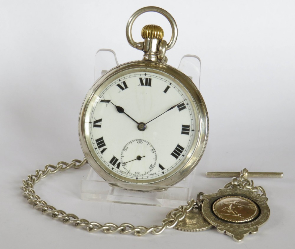 Antique silver pocket watch, chain & football fob