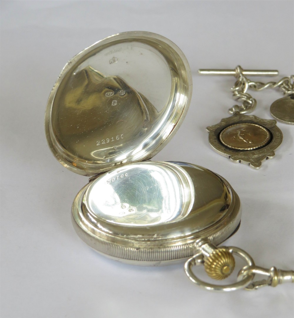 Antique silver pocket watch, chain & football fob View III
