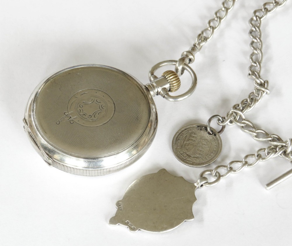 Antique silver pocket watch, chain & football fob View IV