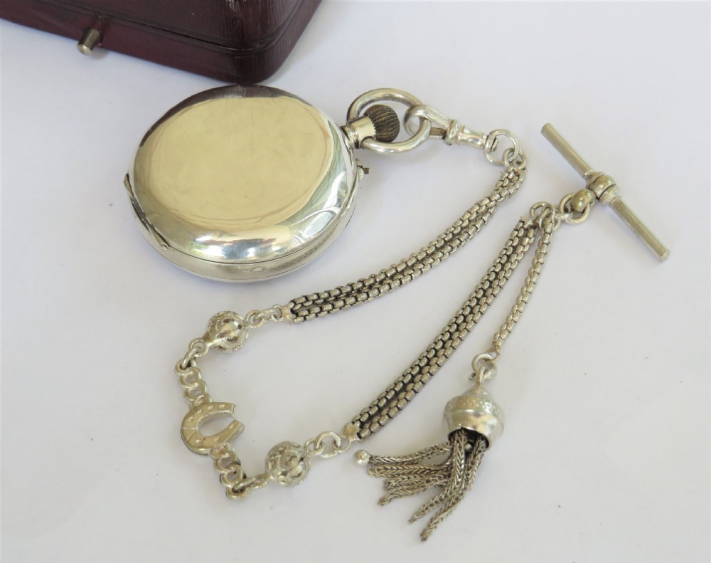 Antique silver fob watch and chain View V