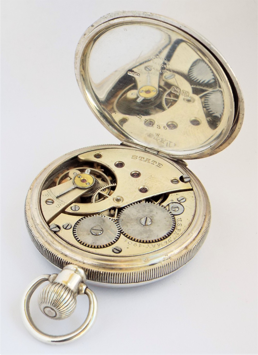 Antique 1915 State silver pocket watch by Tavannes. View IV