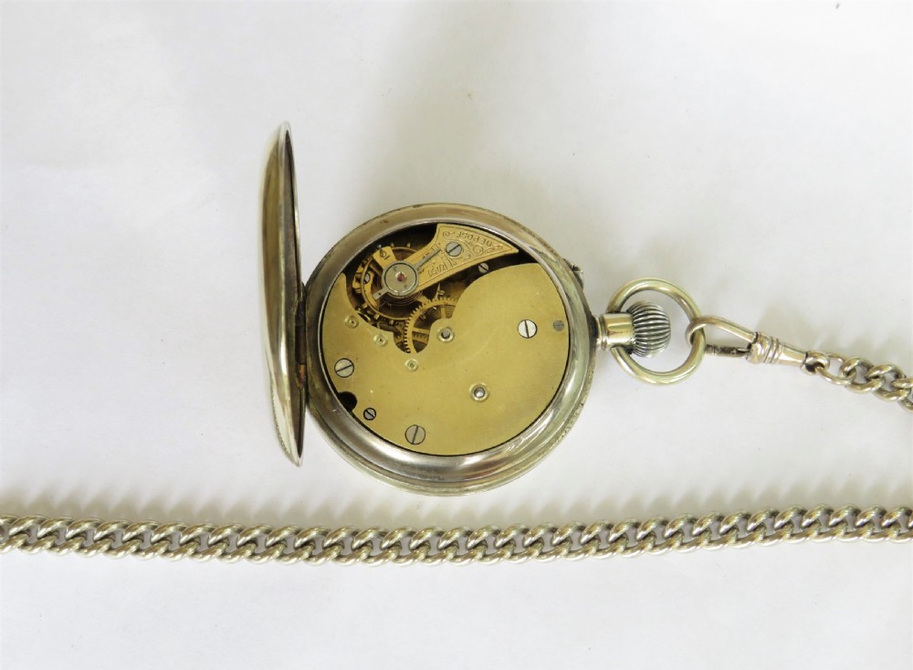 Antique nickel pocket watch and chain. View II