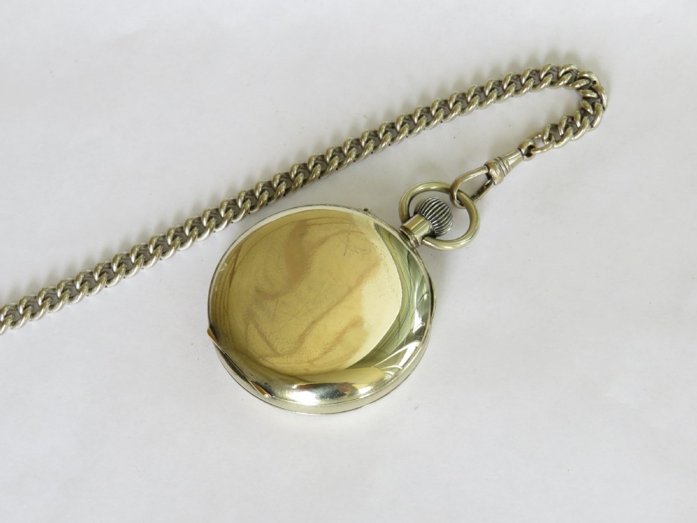Antique nickel pocket watch and chain. View III