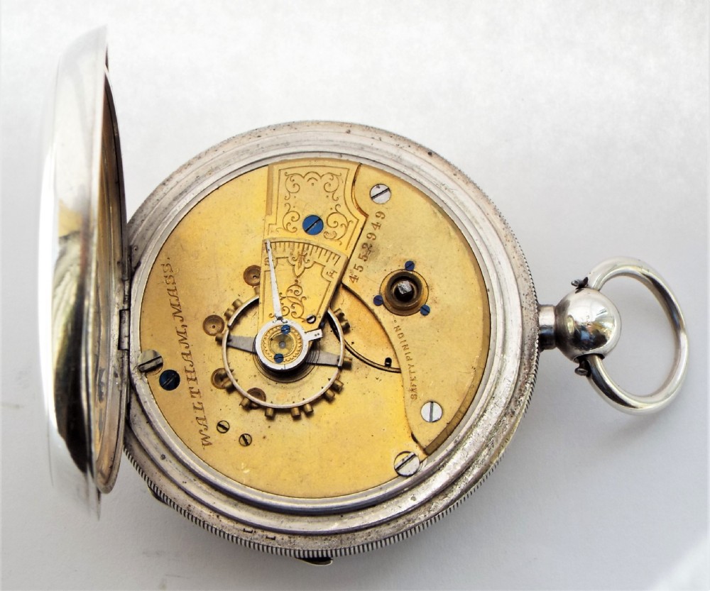 Large antique 1898 silver Waltham pocket watch. View V