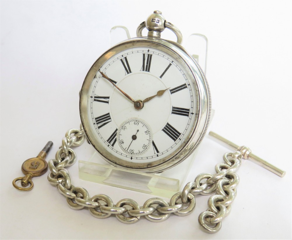 Antique Swiss silver pocket watch & chain, 1904