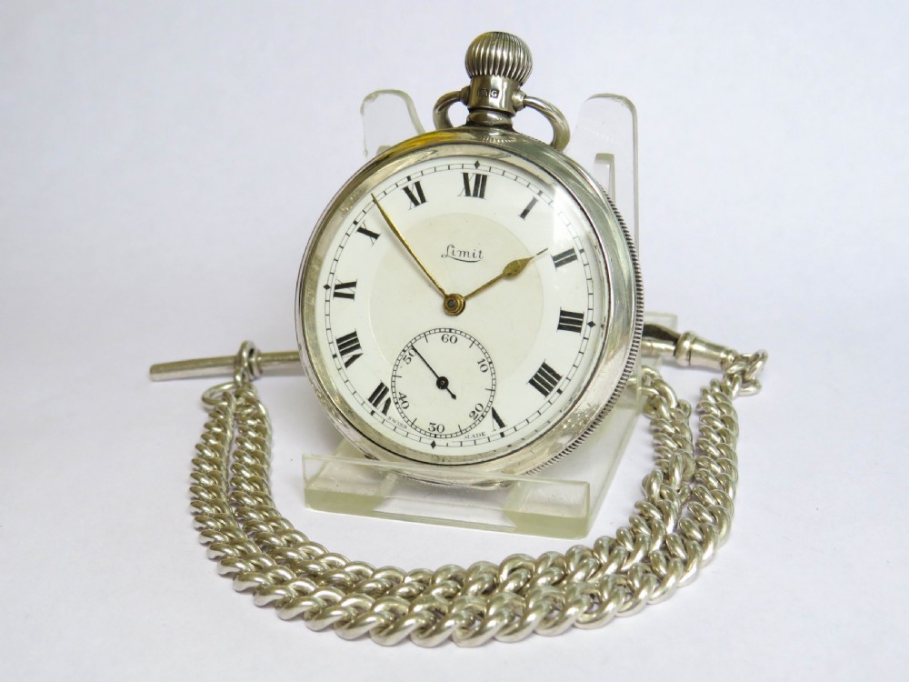 1931 silver Limit pocket watch and double chain