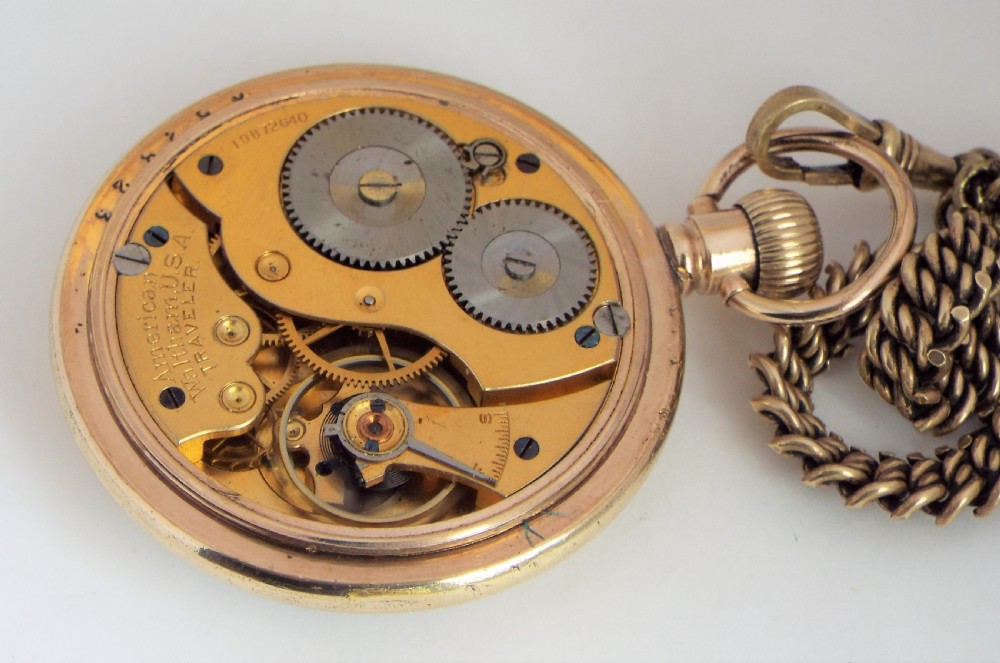 Antique 1914 Waltham pocket watch & chain. View V
