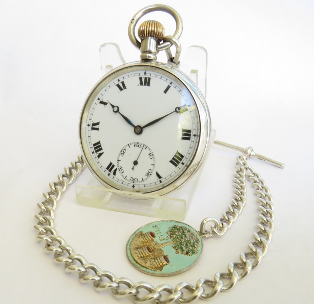 1924 silver Record pocket watch, chain & Wells fob