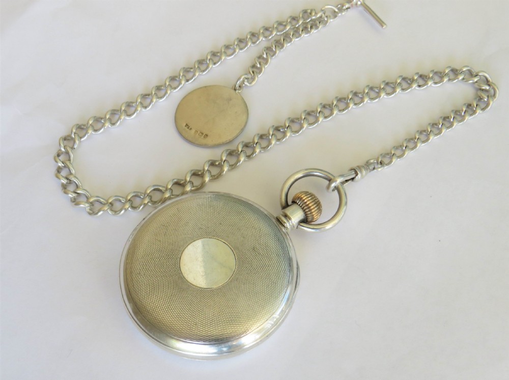 1924 silver Record pocket watch, chain & Wells fob View II