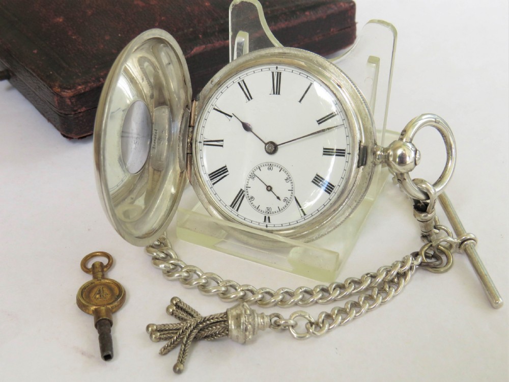Silver Longines half hunter pocket watch & chain View II