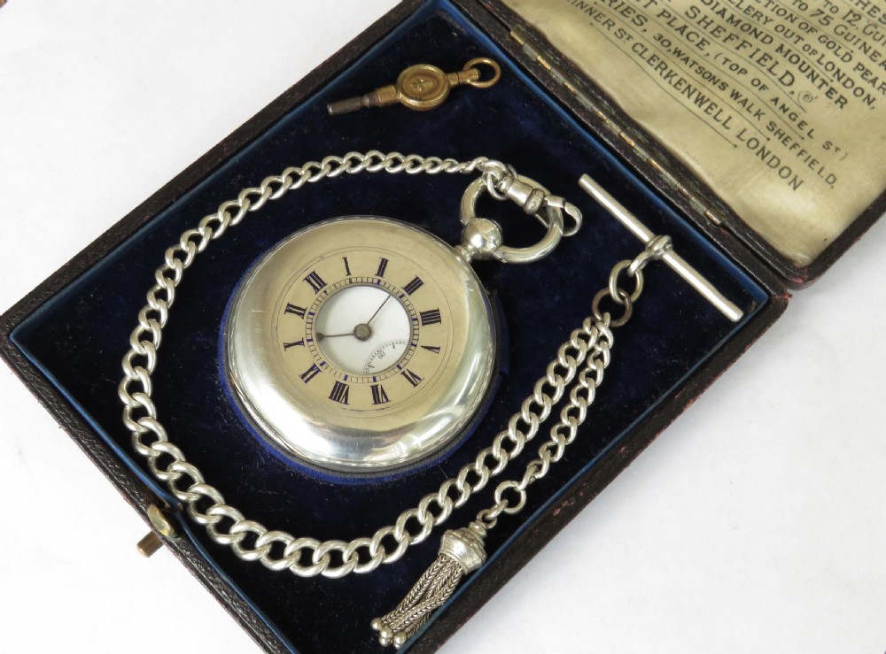 Silver Longines half hunter pocket watch & chain View III