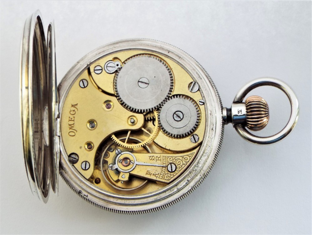 An antique silver Omega pocket watch, c1902. View IV