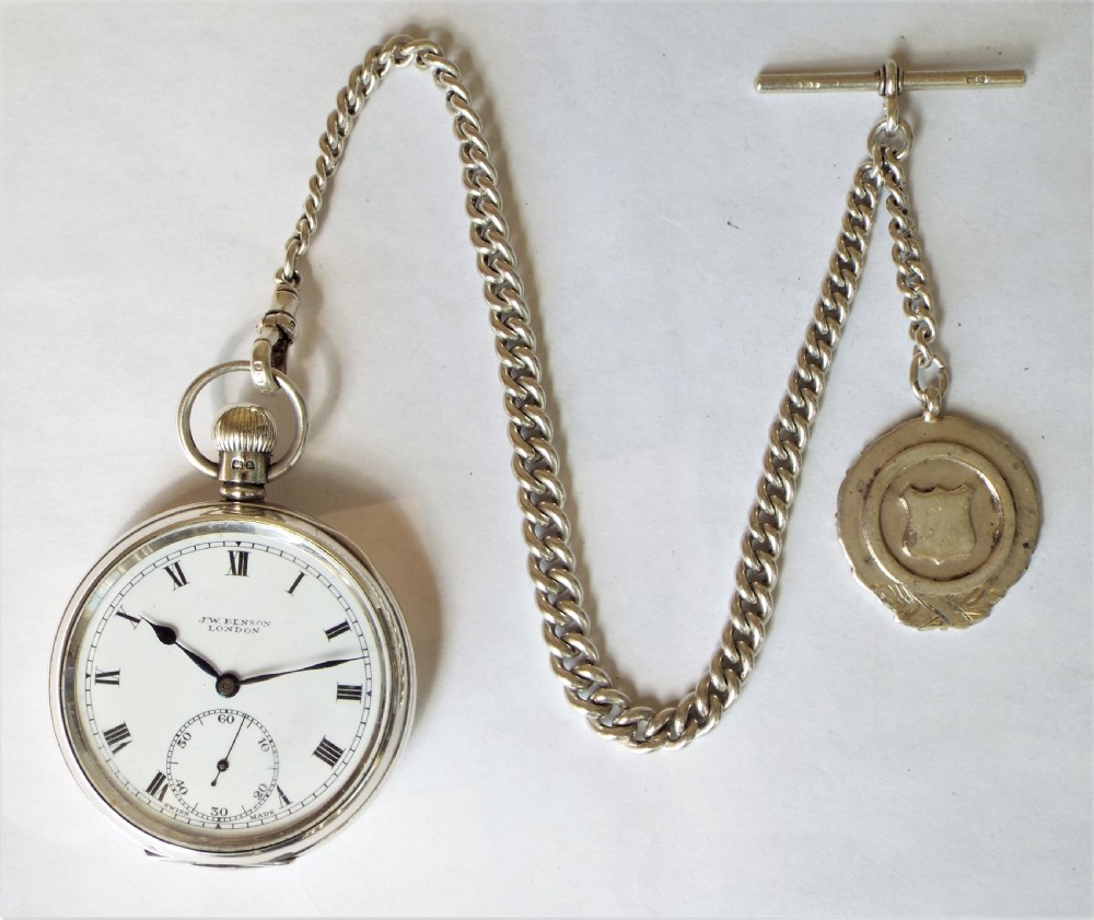 1934 silver Revue pocket watch for J W Benson. View II