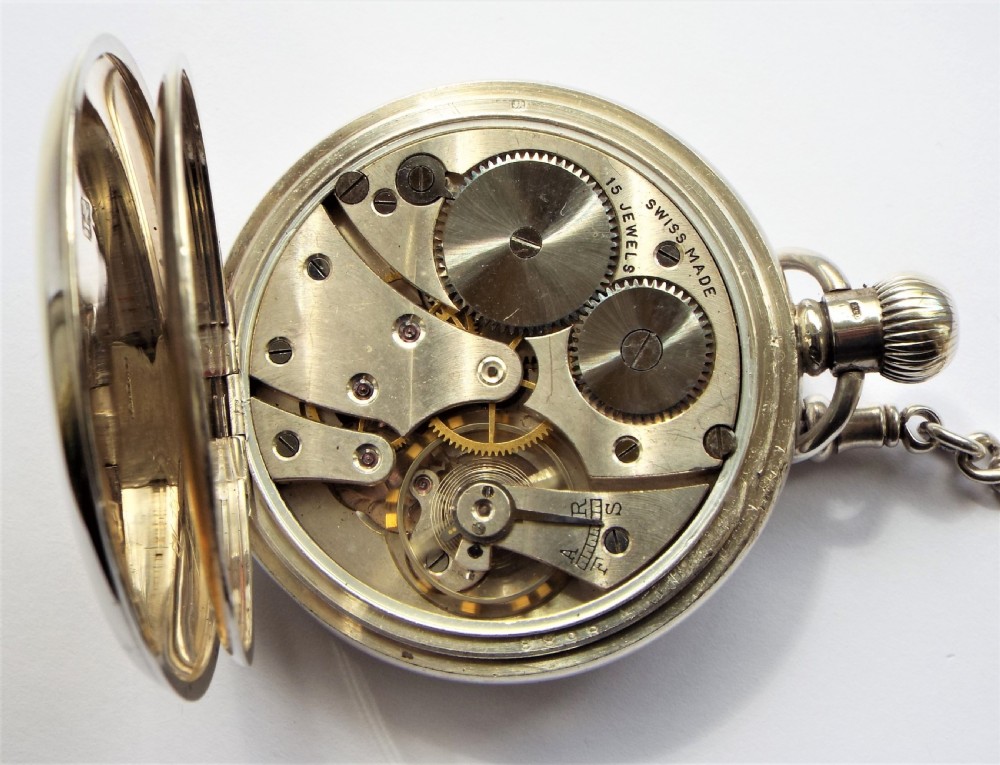 1934 silver Revue pocket watch for J W Benson. View V