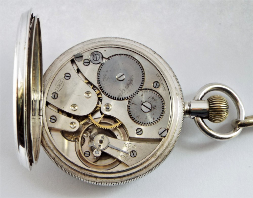 Antique 1915 Silver Limit pocket watch & chain. View VI