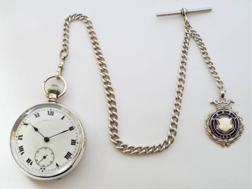 Antique silver pocket watch, 1919 & chain. View III