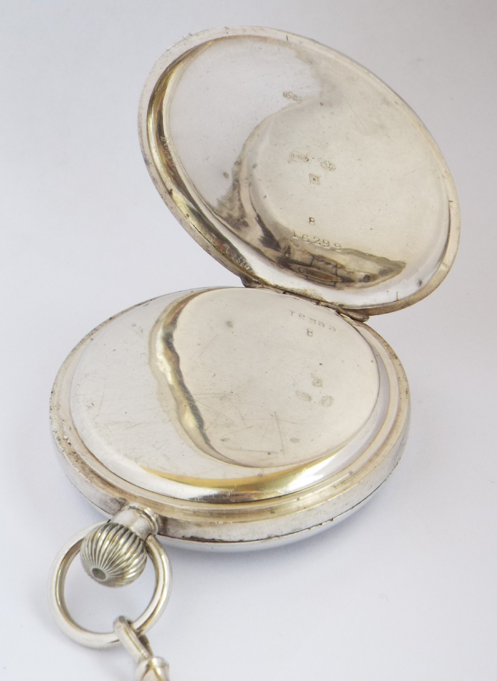 Antique silver pocket watch, 1919 & chain. View IV