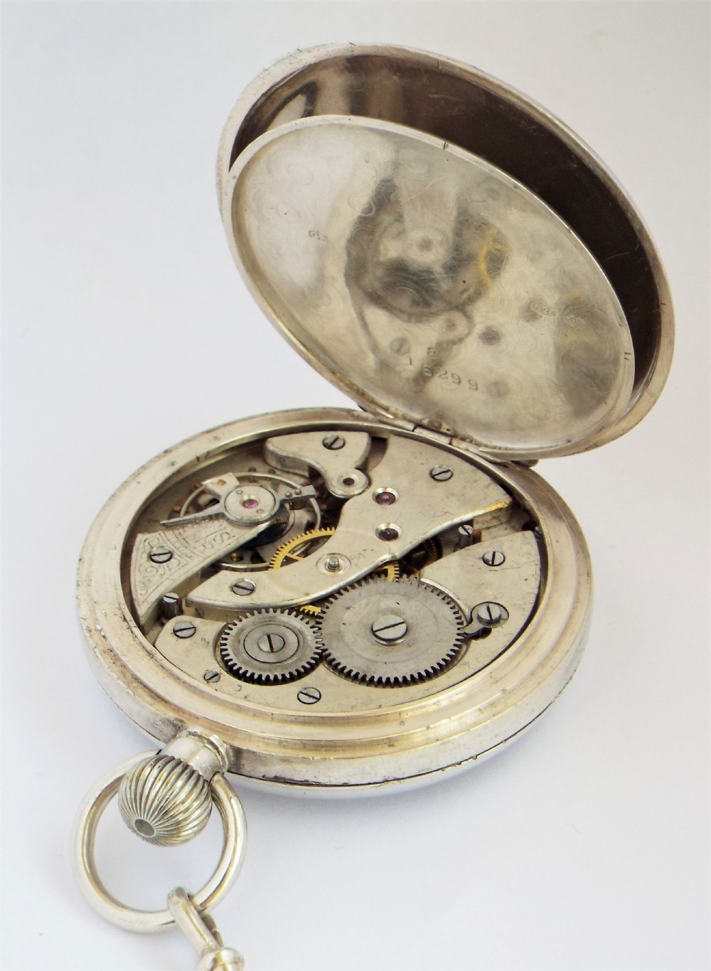 Antique silver pocket watch, 1919 & chain. View V