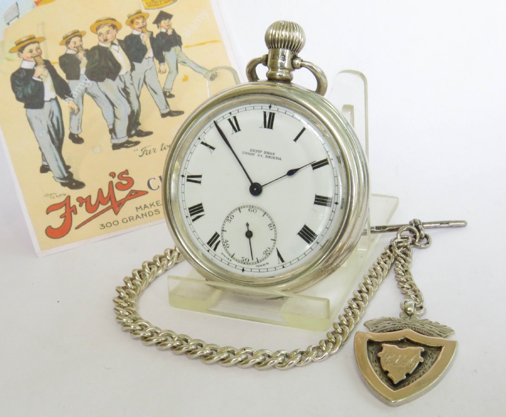 Antique silver pocket watch & chain, Frys chocolate, Bristol