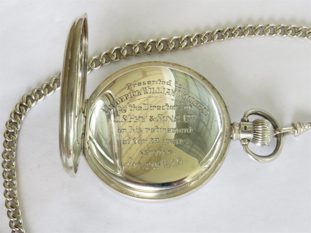 Antique silver pocket watch & chain, Frys chocolate, Bristol View III