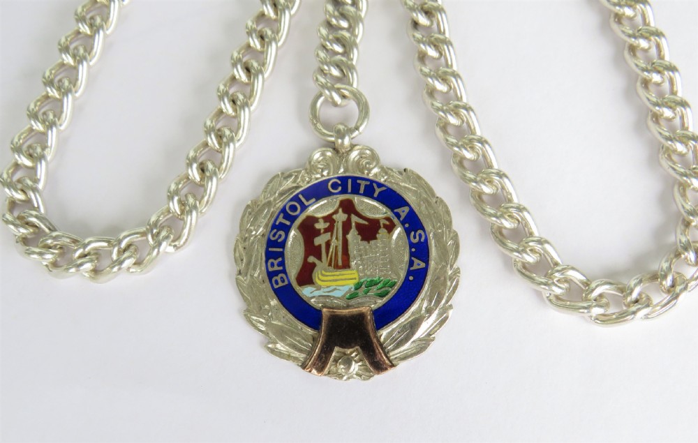 Antique silver double watch chain and Bristol fob View II