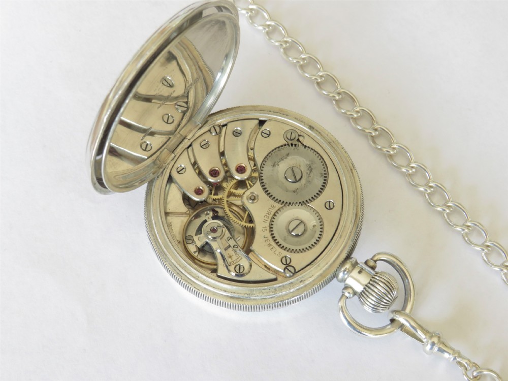Antique silver Buren pocket watch and albert View III