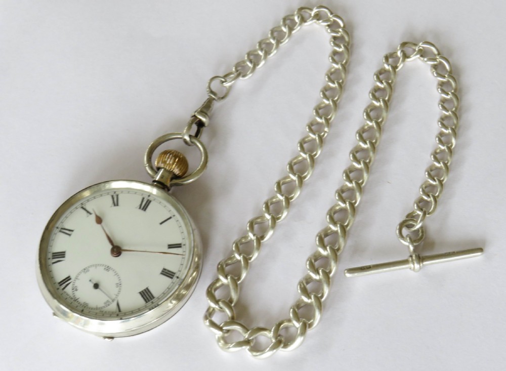 Antique silver pocket watch and chain View II