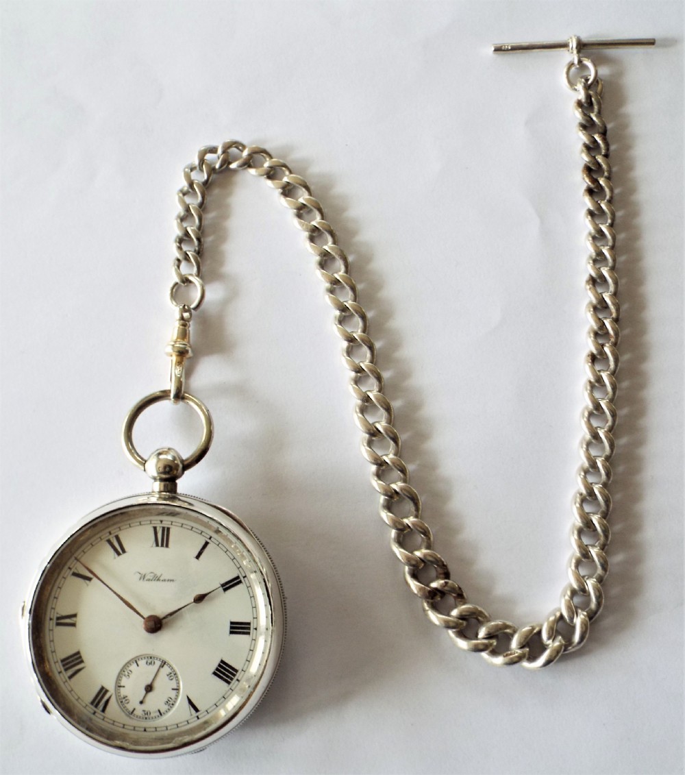 An antique silver Waltham pocket watch & chain. View II