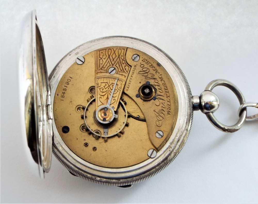 An antique silver Waltham pocket watch & chain. View VI