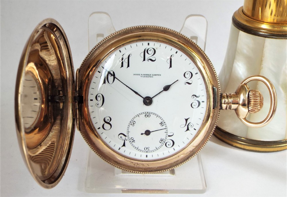 A 1920s Minerva full hunter pocket watch originally retailed by Porte & Markle Winnipeg.