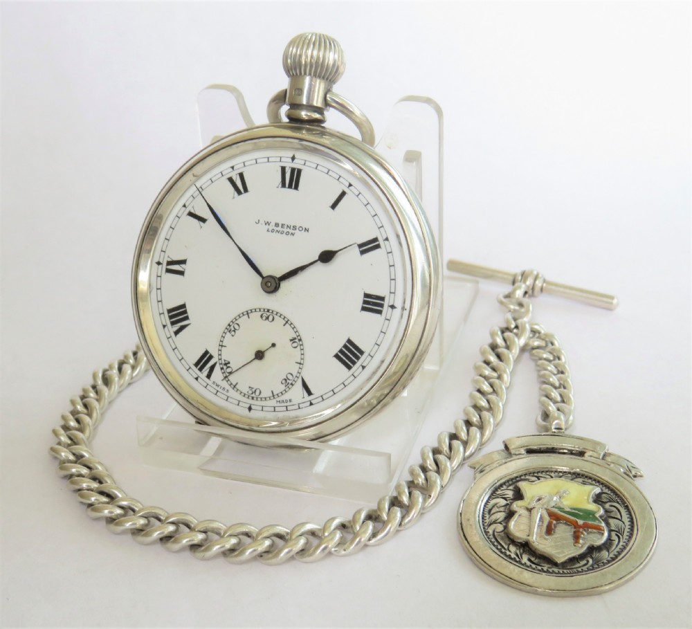 Silver J W Benson pocket watch and chain