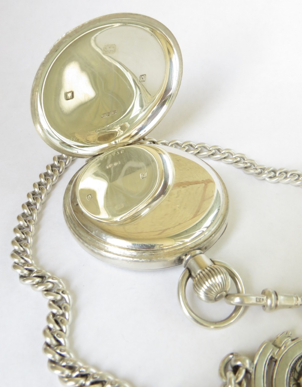 Silver J W Benson pocket watch and chain View II