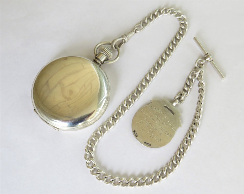 Silver J W Benson pocket watch and chain View III