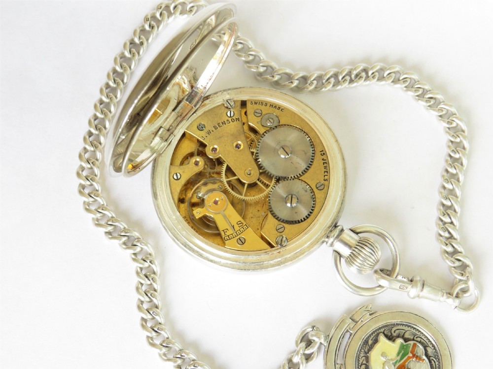 Silver J W Benson pocket watch and chain View IV