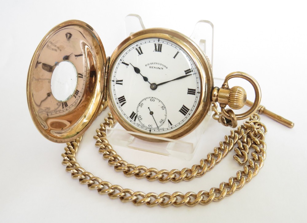1930s Bravingtons Renown half hunter pocket watch and chain
