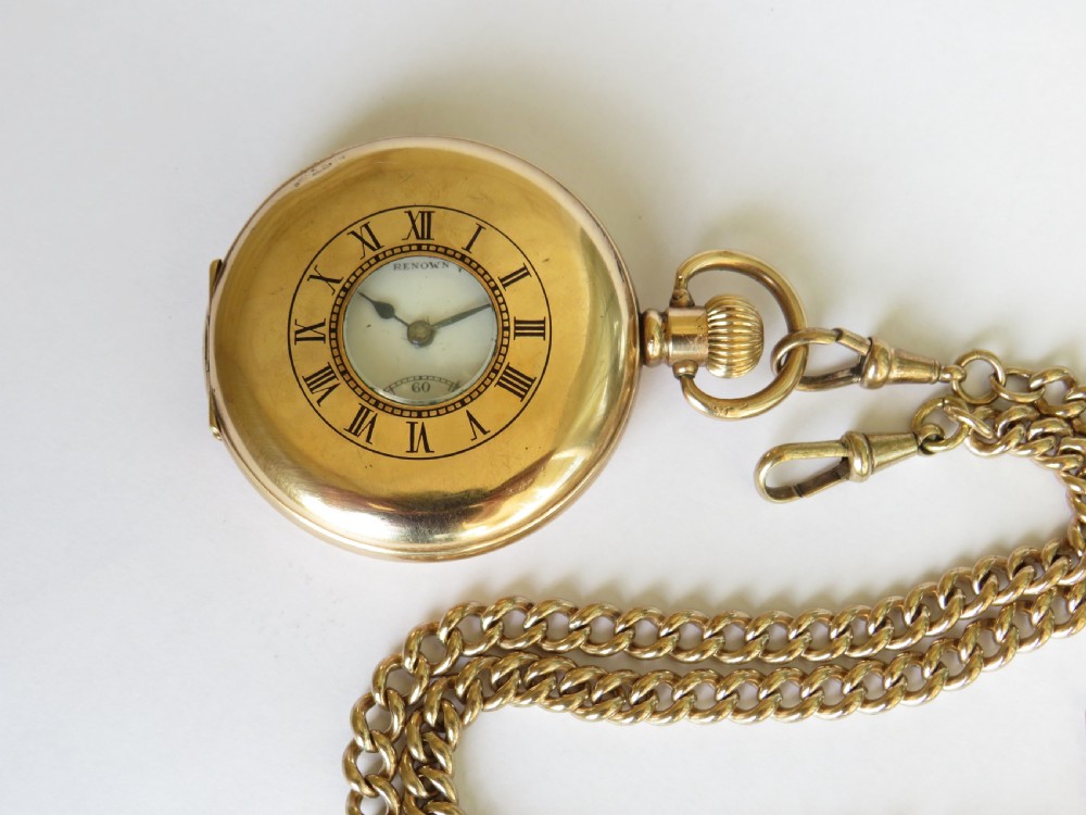 1930s Bravingtons Renown half hunter pocket watch and chain View II