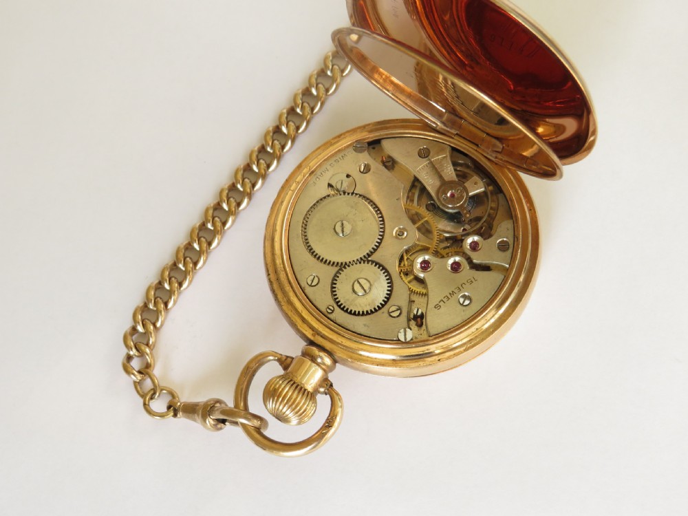 1930s Bravingtons Renown half hunter pocket watch and chain View III