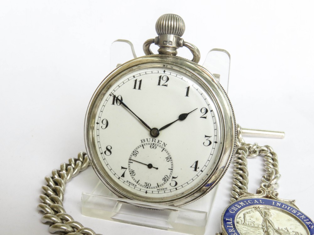Silver Buren pocket watch, chain and fob View II