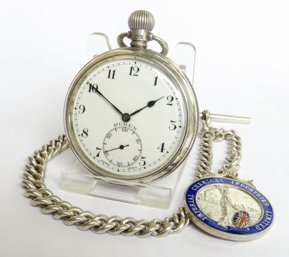 Silver Buren pocket watch, chain and fob