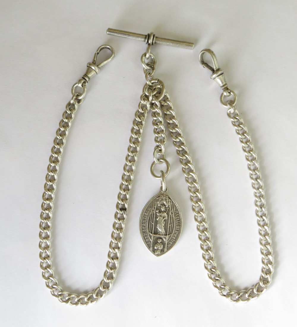 Antique silver watch chain & Giggleswick fob