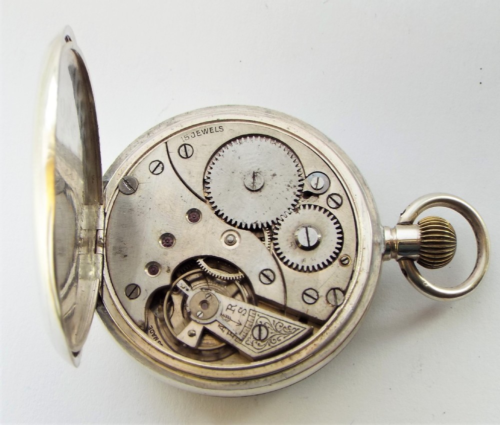 1918 silver Swiss pocket watch made for the English market. View V