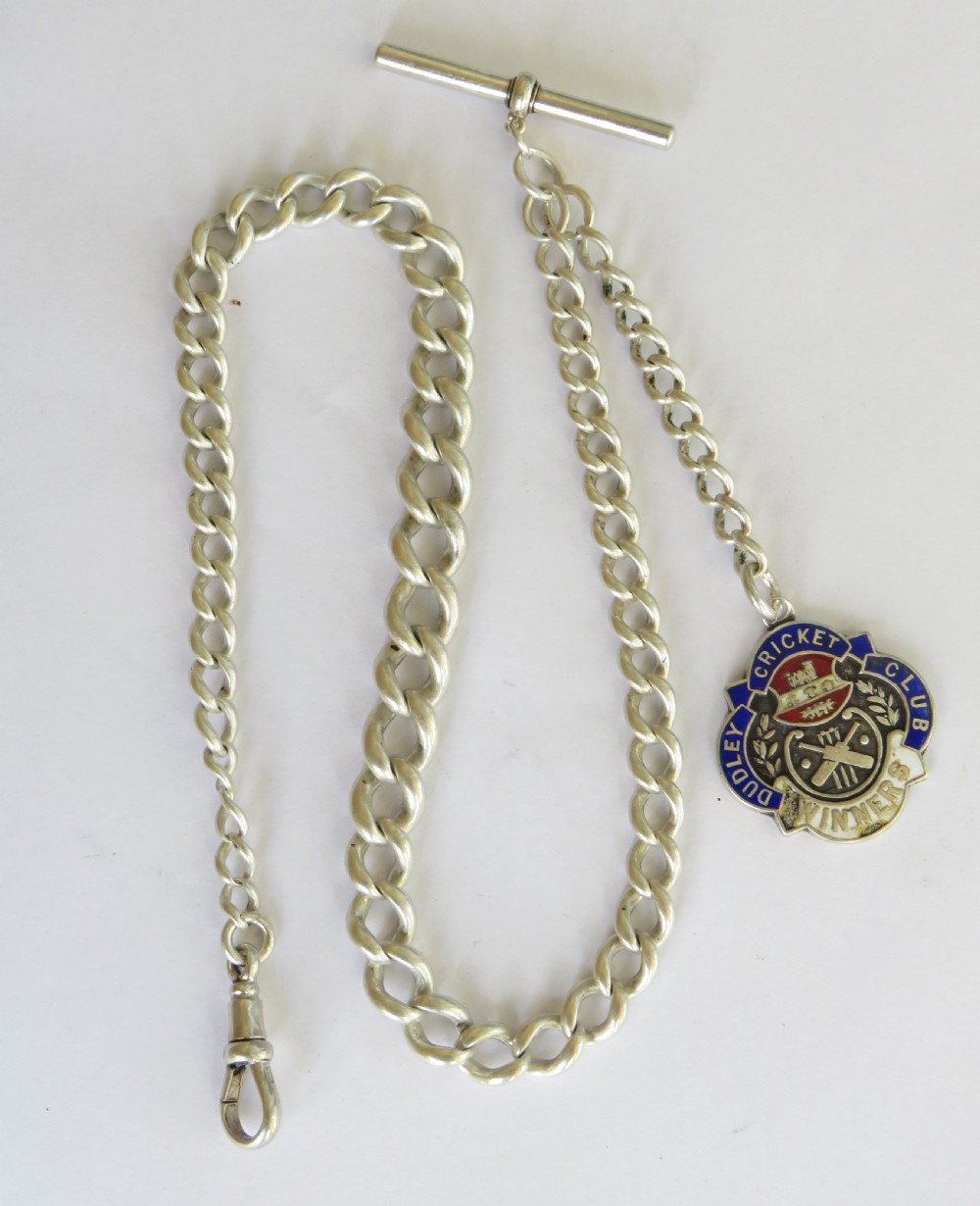 Antique silver pocket watch chain and cricket fob