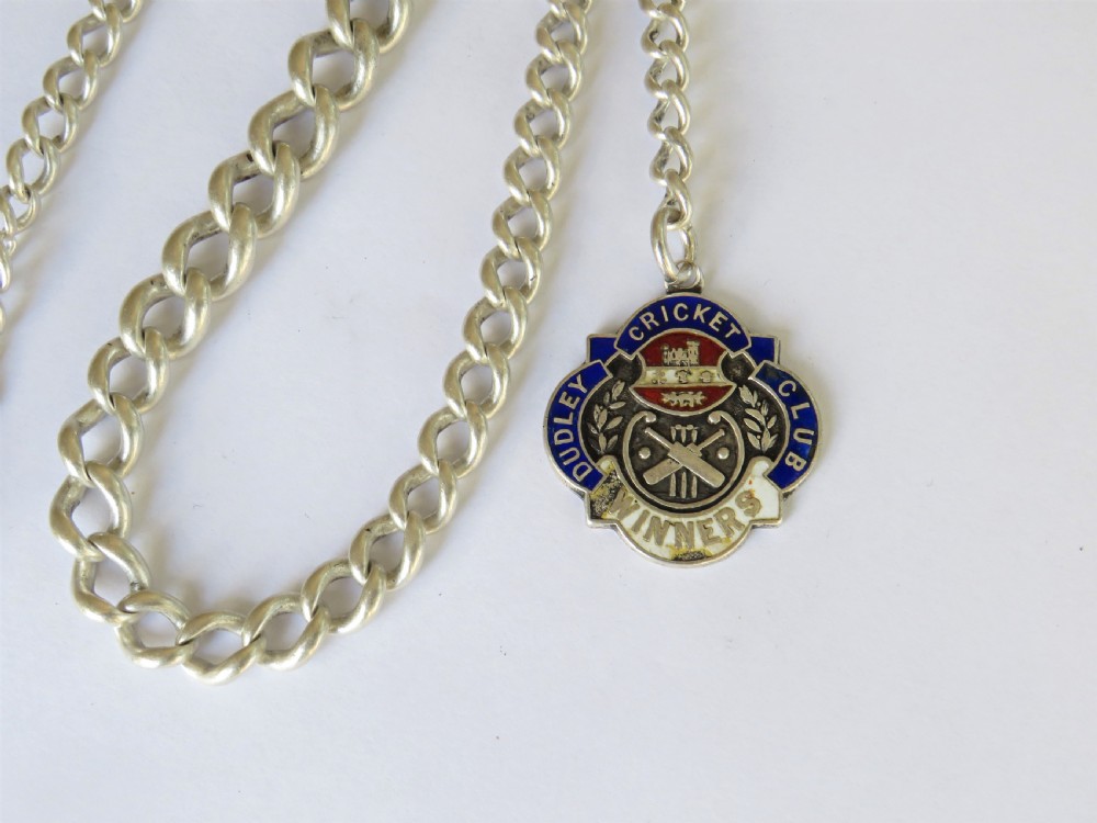 Antique silver pocket watch chain and cricket fob View II