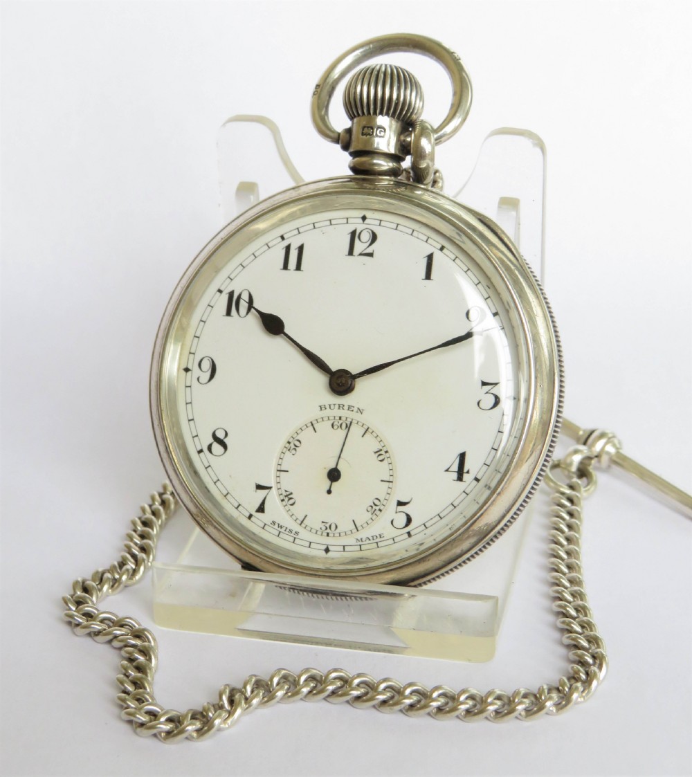 1933 silver Buren pocket watch and chain