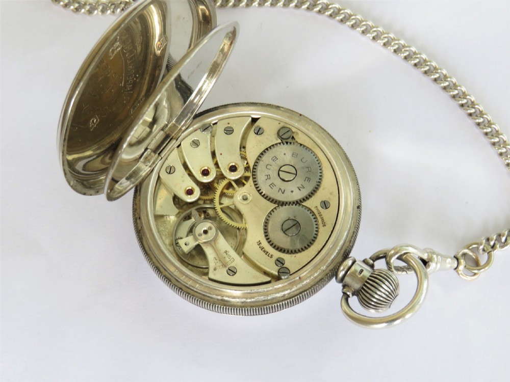 1933 silver Buren pocket watch and chain View II