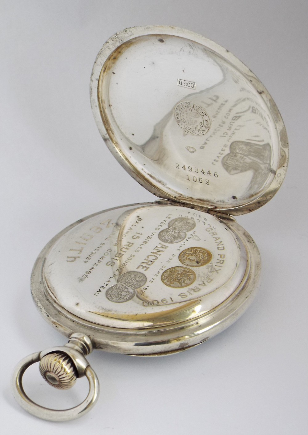 Antique silver Zenith pocket watch, 1910. View III