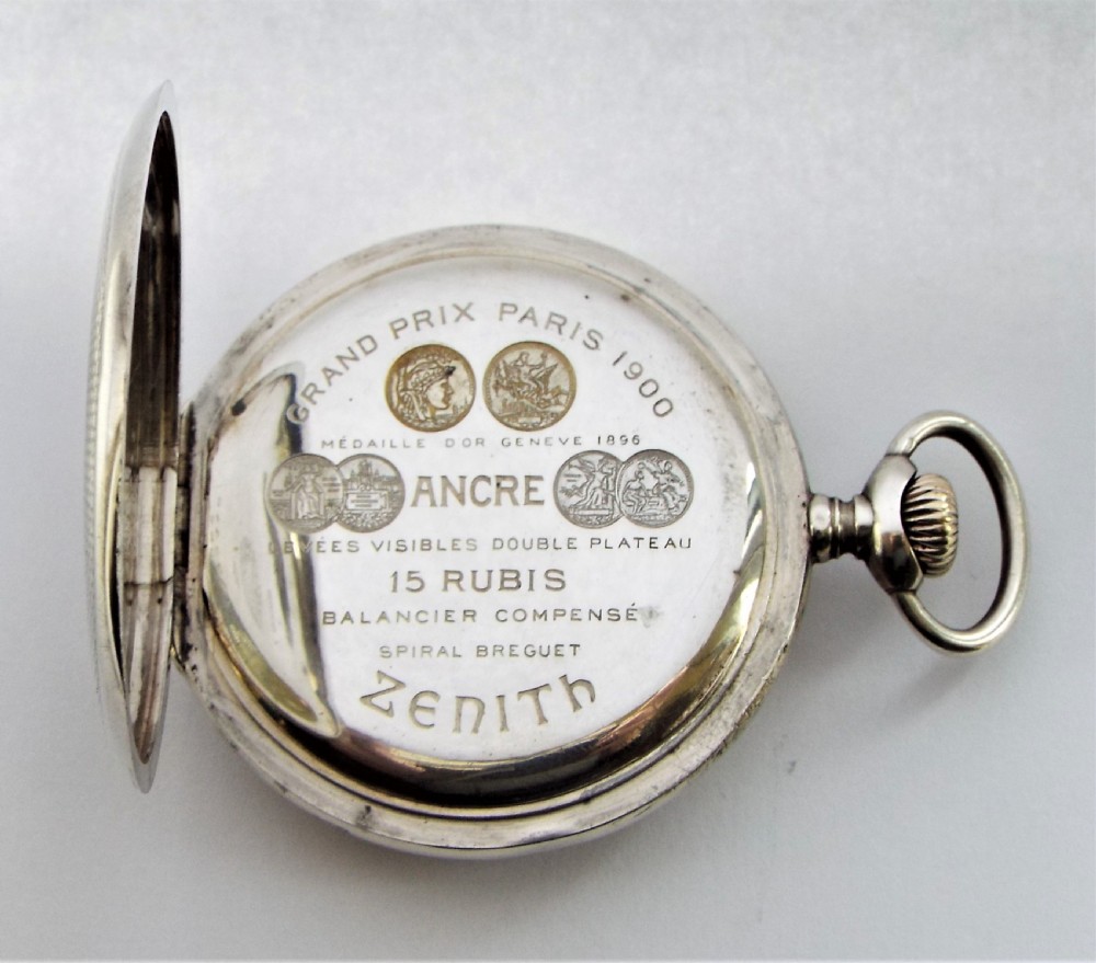 Antique silver Zenith pocket watch, 1910. View IV