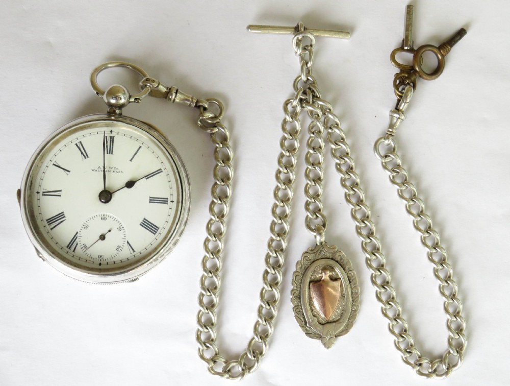 Antique silver Waltham pocket watch and chain. View II