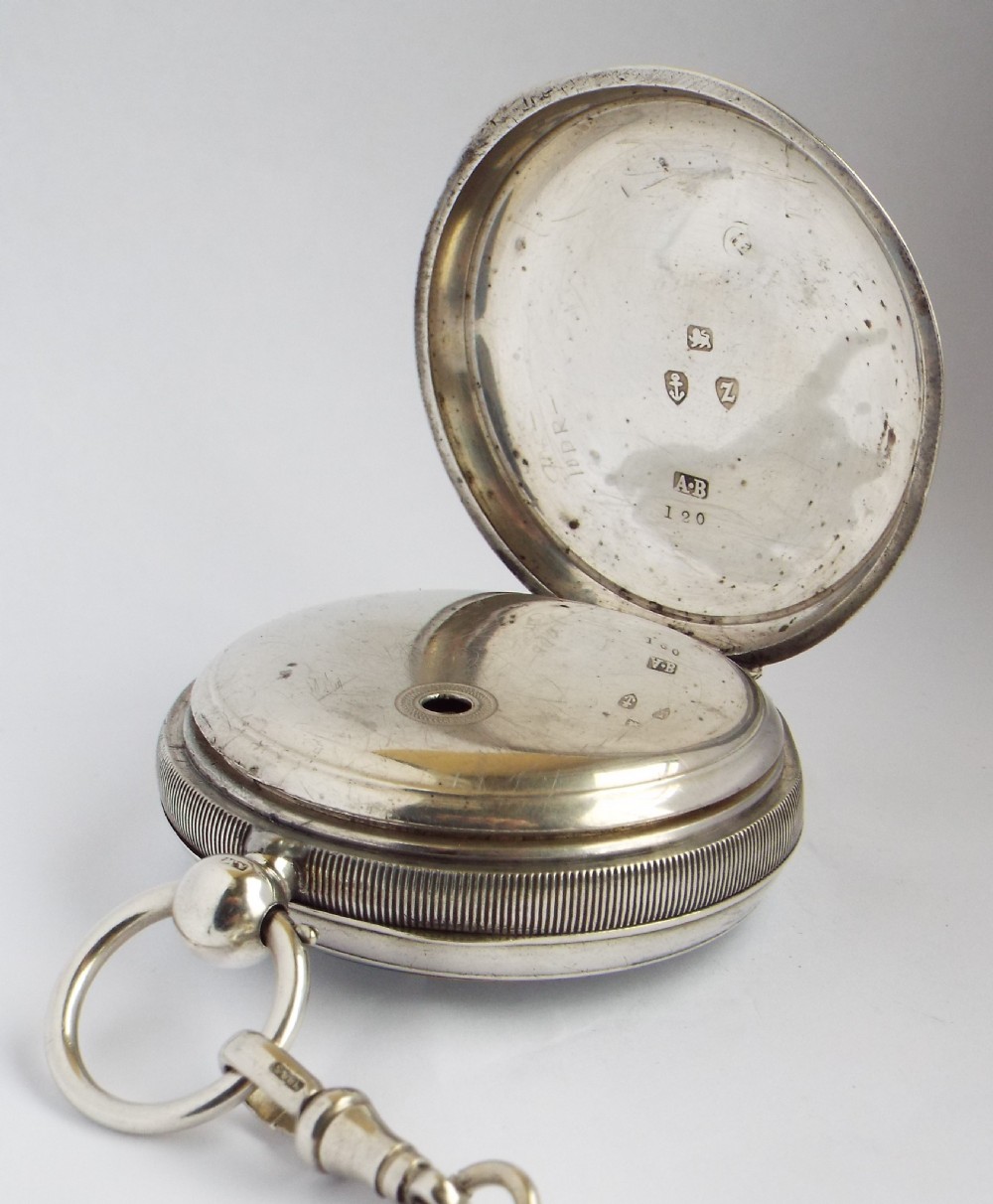 Antique silver Waltham pocket watch and chain. View IV