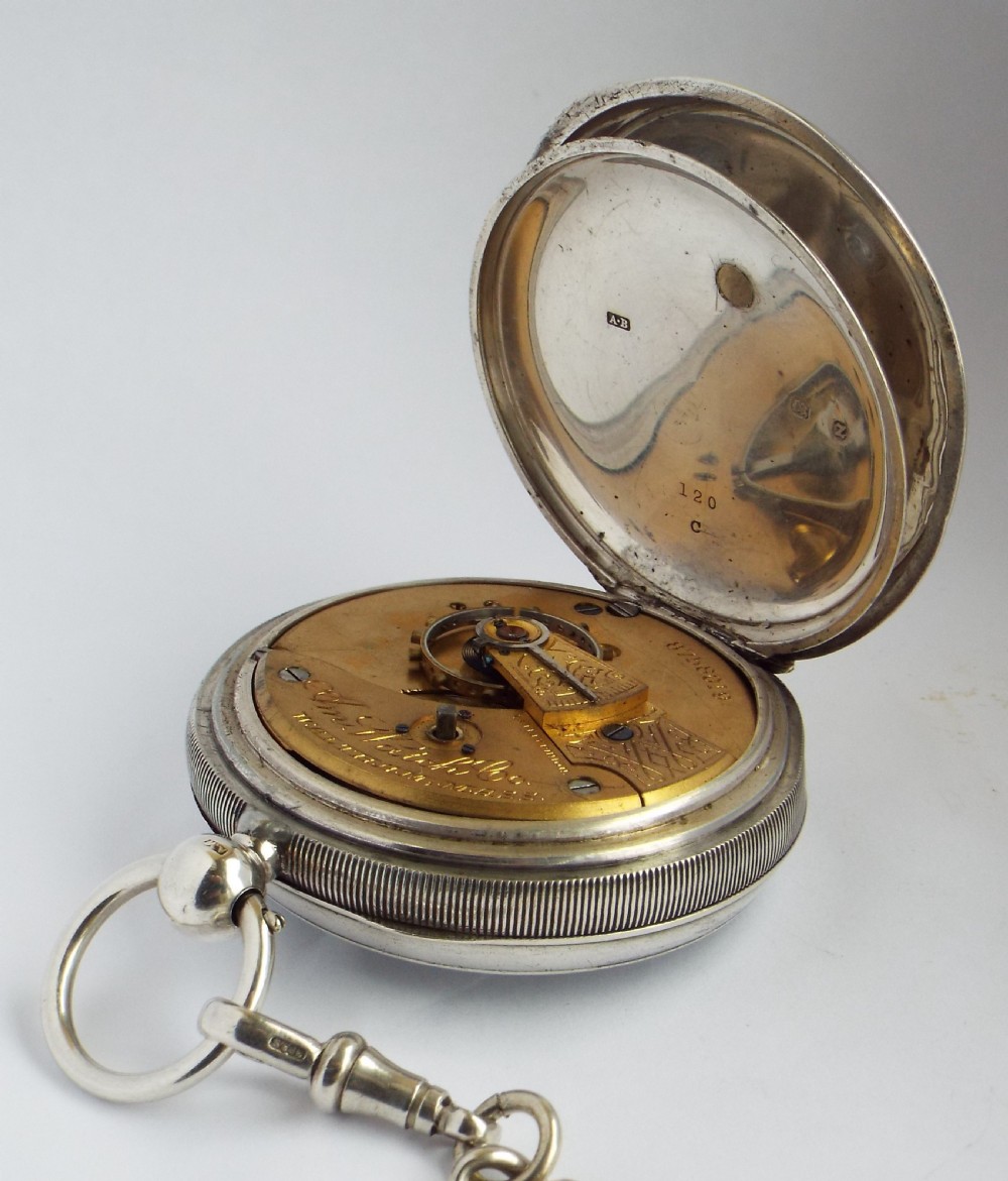 Antique silver Waltham pocket watch and chain. View V